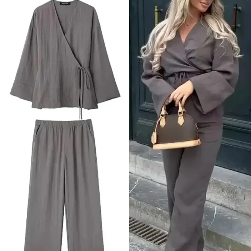 

Women Vintage Solid Blouse Pant Suit Long Sleeve V Neck Lace Up Shirt Elastic Waist Casual Trouser Pajama Style Sets