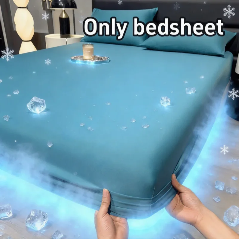 Summer Cool Ice Silk Sheet Breathable Fabric With Elastic Band Solid Color Skin-friendly Sheet Cooling For Night Sleep Bedclothe