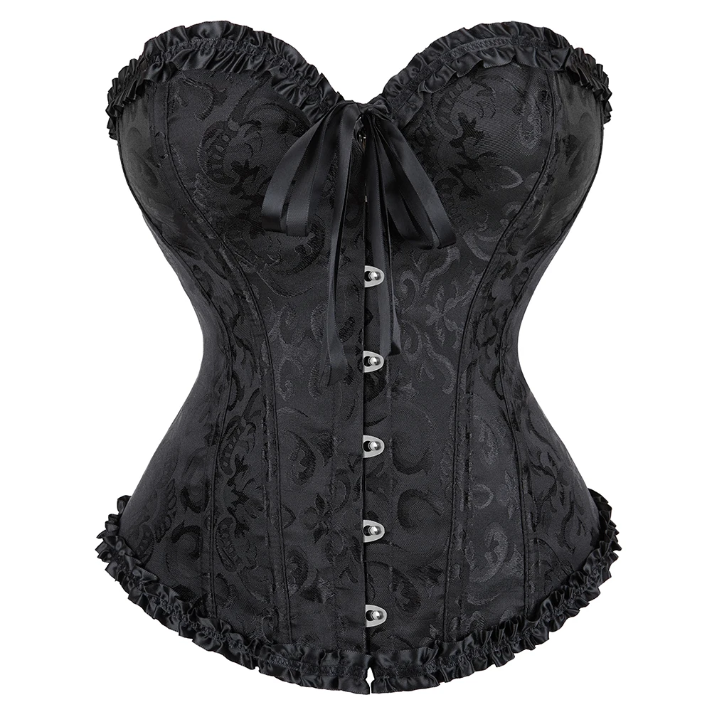 Women Vintage Floral Overbust Corset Gothic Sexy Satin Jacquard Corset Bustier Top Lace Up Body Shaper Fashion Corsets Lingerie