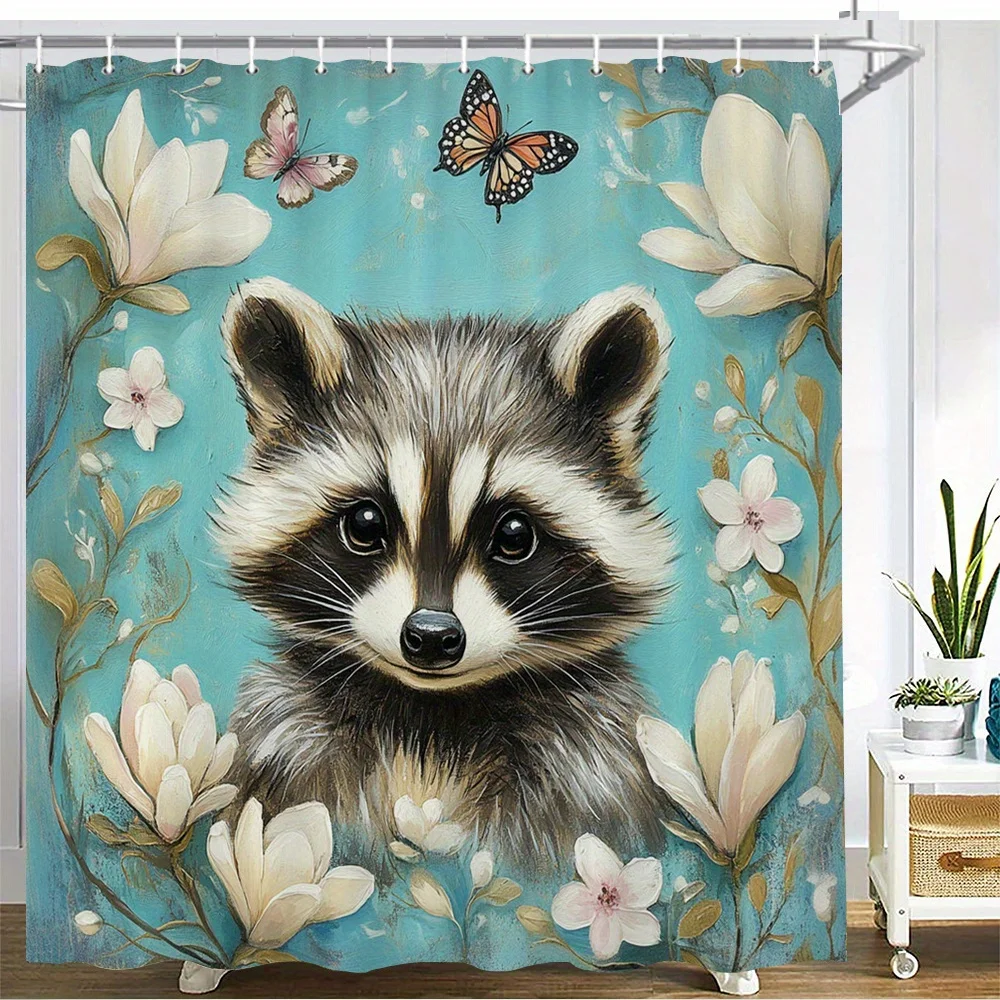 Vintage Floral Art Cute Little Raccoon Surrounded by White Magnolia Blooms and Colorful Butterflies Bath curtain, Cozy Warm