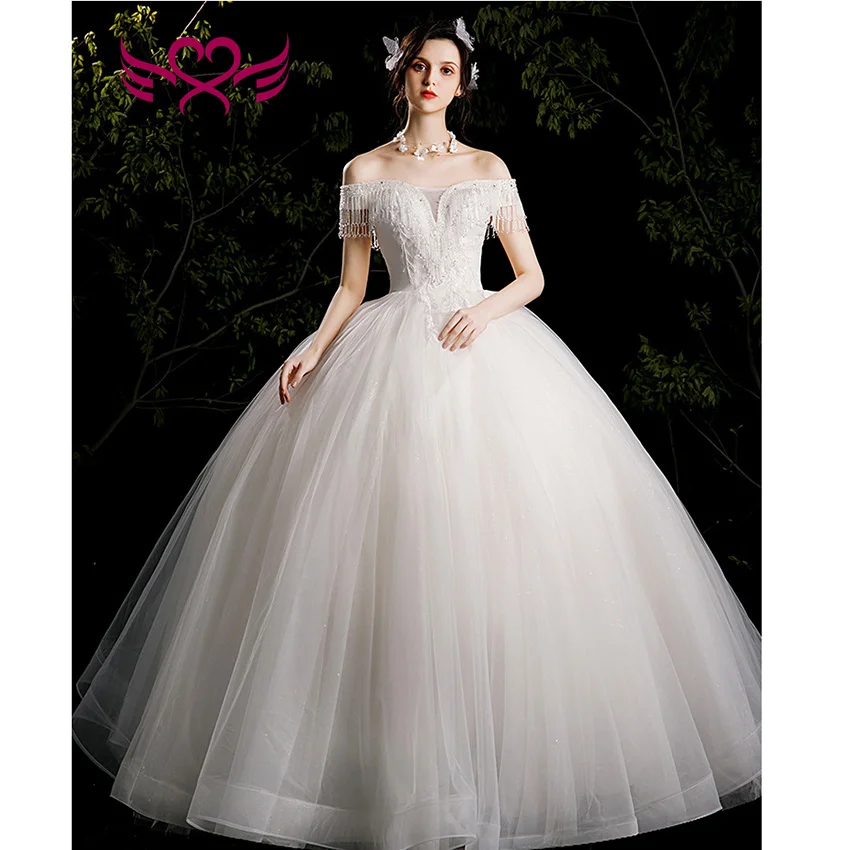 カスタマイズされたオフショルダークリスタルタッセルウェディングドレス夜会服 V ネック光沢のあるチュールエレガントなシンプルな花嫁ドレスヨーロッパ WX0457