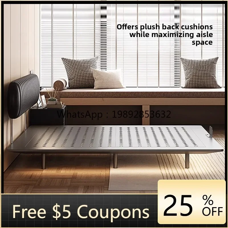 

ZC Carbon Steel Bed Frame Vintage Style Floating Bed Black Leather Retro French Small Apartment Bed