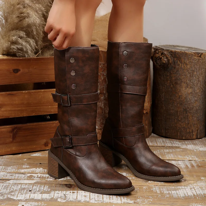 

Retro Style Thick Bottom Long Boots Women's Autumn Winter Leather Shoes New Style Versatile Button Detail Mid-Calf Boots