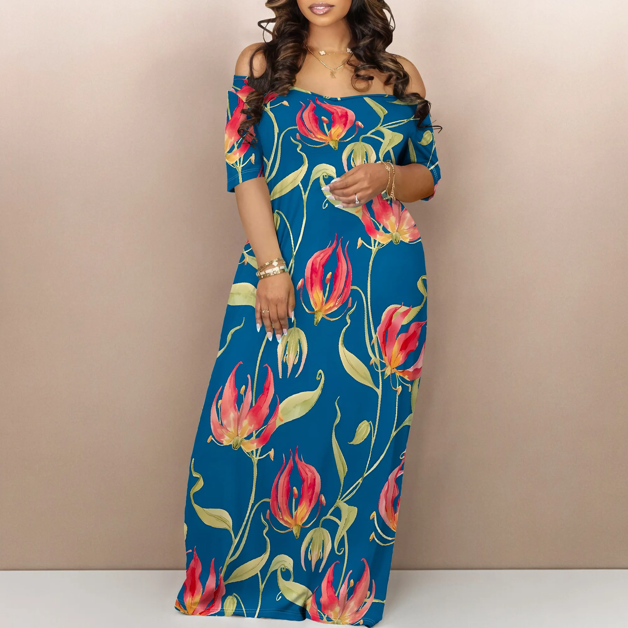 

Floral Off Shoulder Maxi Dress Blue Background Summer Holiday Garden Style