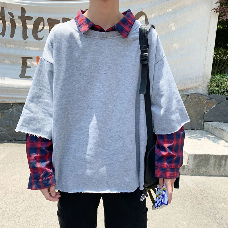 Fake Two Spliced Plaid Print Long Sleeve Men Sweatshirt Korean Fashion Loose Students All-match Casual Vintage Oversized T Shirt