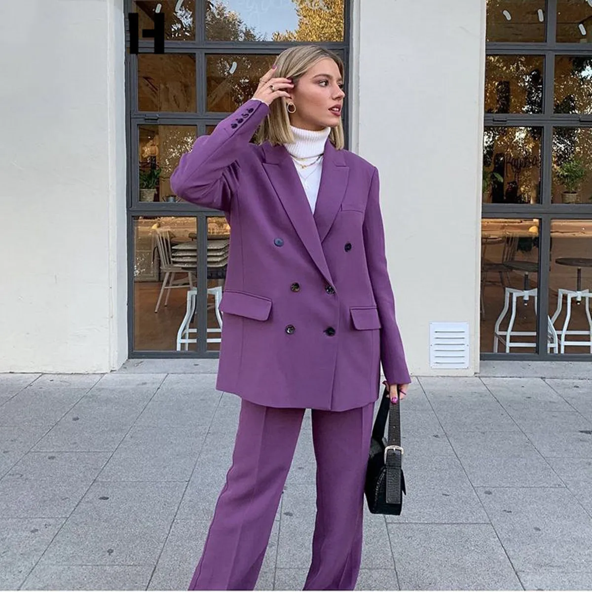 Loose Vintage Purple Women Blazer Suits Peaked Lapel Wide Legs Pants 2 Pieces Custom Made Double Breasted Casual Young Jacket