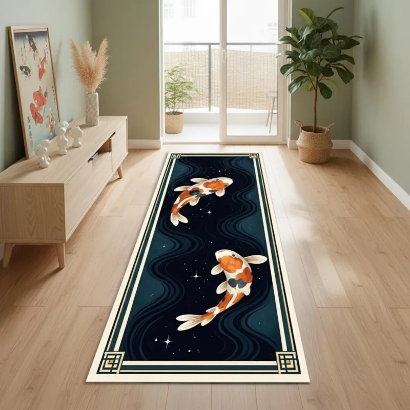 Dark Teal Wave Two Koi Fish Chinese Frame Felt Runner Rug Non Slip Waterproof Long Hallway Mat