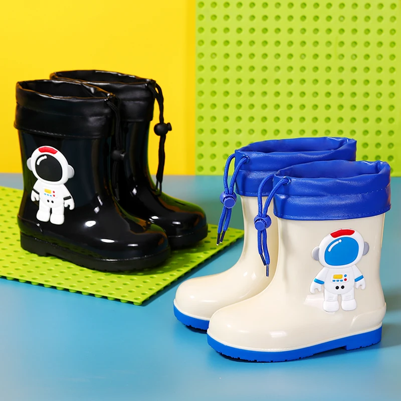 Cartoon Spacemen Slip-on Rain Boots Children Four Season Baby Shoes Kids Boys Girls Waterproof Anti-skid Cotton Warm Rain Shoes