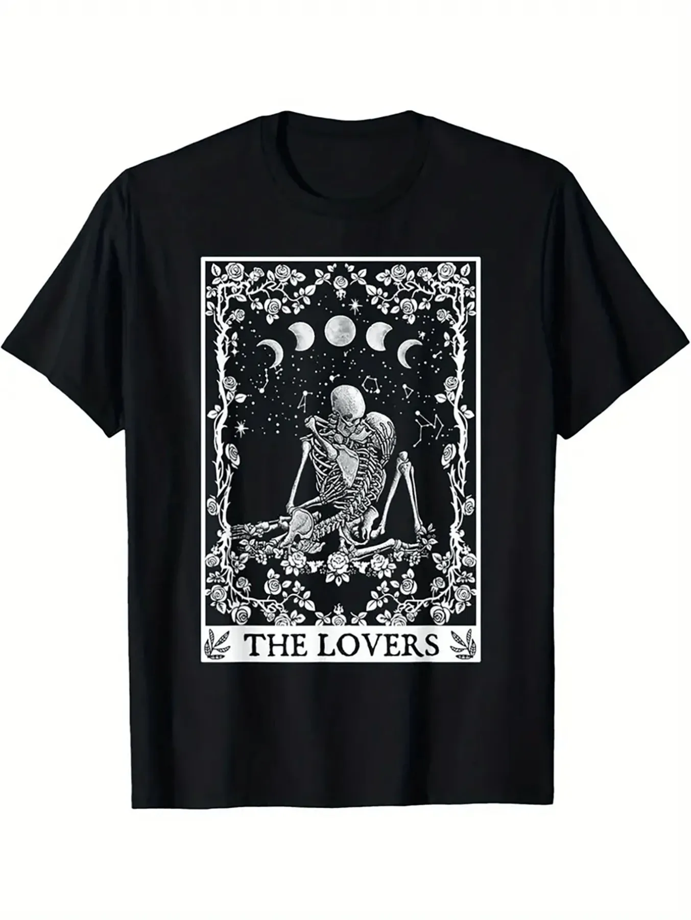 Celestial skeleton couple Tarot moon reading frame pattern cotton fun design DIY short sleeve T-shirt suitable for men Soft breathable all seasons comfortable casual sports Halloween
