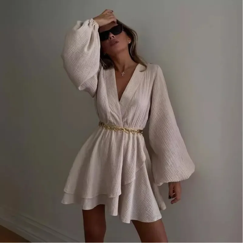 Lantern Sleeve V feminino Mini vestido, irregular, em camadas babados, vestido de praia, vestido de escritório feminino, outono, 2022