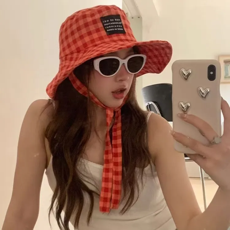 Plaid Big Eaves Show The Face Small Fisherman Hat Children Summer Travel Sun Hat All-round Sunshade Sunscreen Hat
