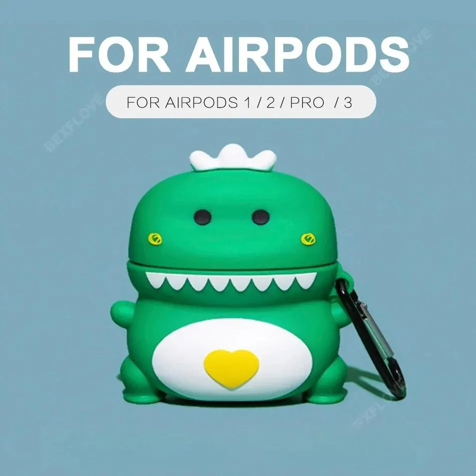 Cartoon Dinosaur Headphone Case For AirPods 1/2/3/Pro 3D Animal Earphone Case Wireless Charging Soft Cover Box Protective Bags