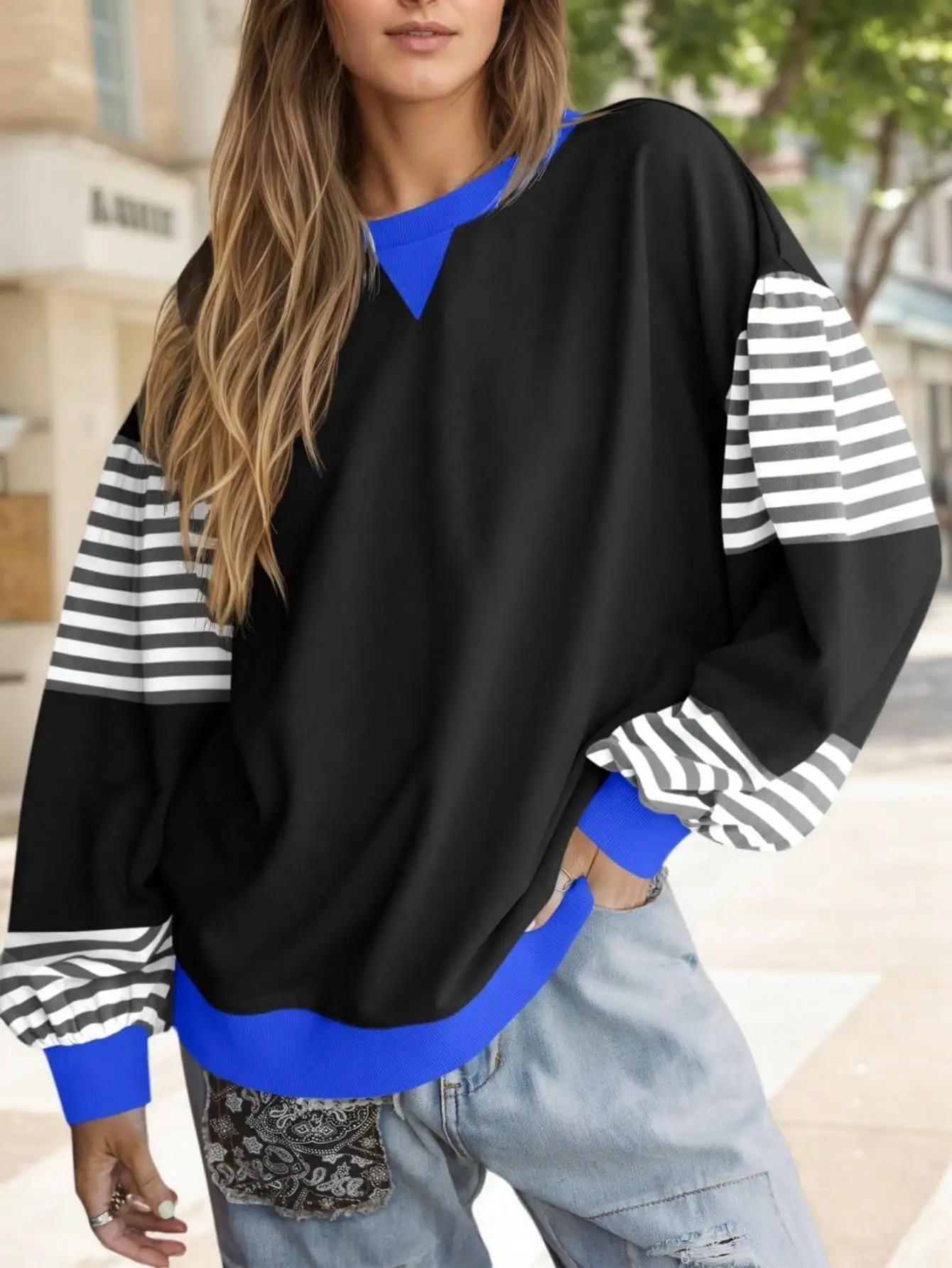 Fisoew sweat-shirt surdimensionné ColorBlock, pull à col rond à manches lanternes rayées, haut d'automne décontracté à manches longues avec épaules tombantes