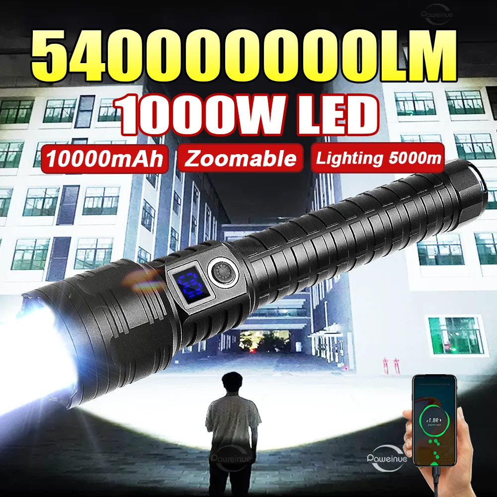 

54000000LM Ultra Powerful Flashlight 1000WLED Super Bright Tactical Torch Built-in 10000mAh Rechargeable Flashlight Camping Lamp