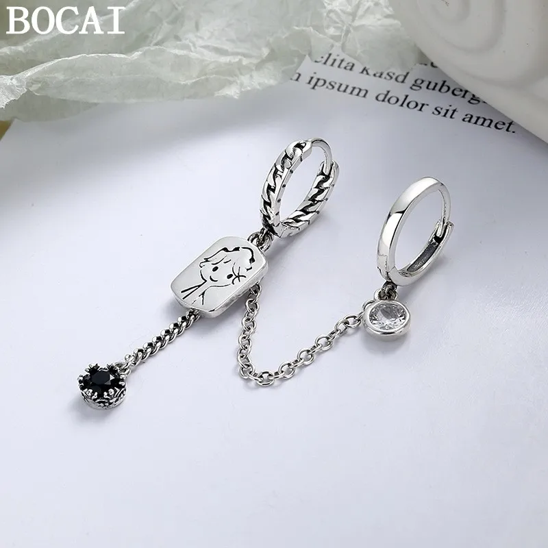 

BOCAI New S925 Silver Jewelry Retro Fashion Creative Cartoon Male Avatar Pendant with Black Zircon and Tassel Selected Gift f