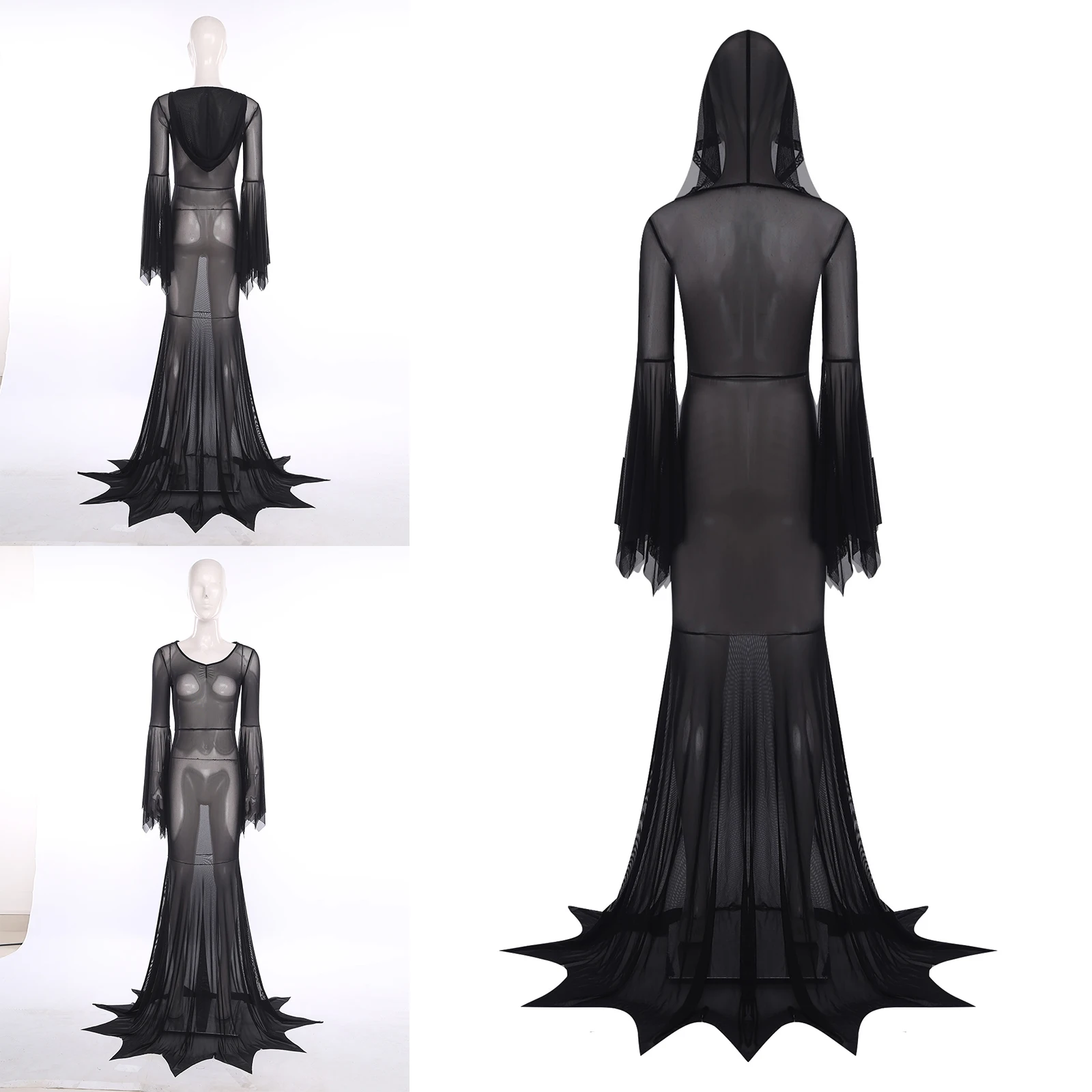 Volwassen Vrouwen Lingerie Transparante Mesh Jurk Capuchon Lange Mouw Bikini Cover Maxi Jurk voor Erotisch Rollenspel Dating Nachtkleding