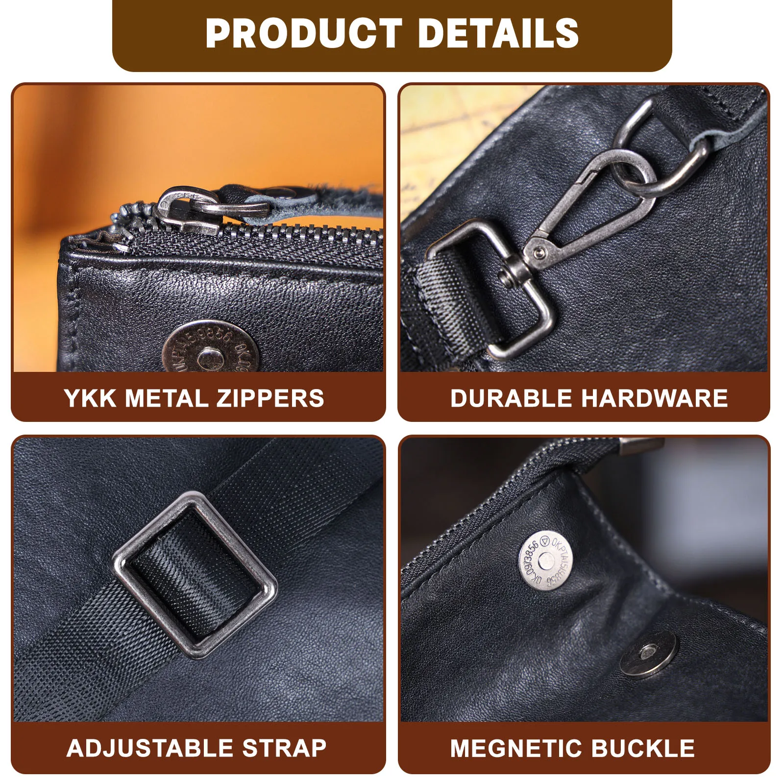 Echte Leder-Umhängetasche für Herren, Modische Brusttasche aus Rindsleder, Pflanzlich gegerbtes Leder, Unisex – Detail 13