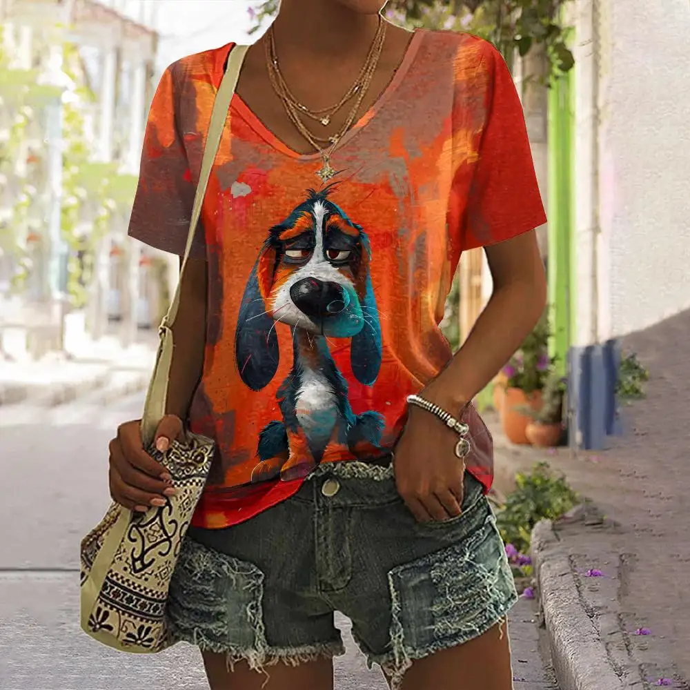 Summer Women\'s T Shirt Dog Print Casual Short Sleeve 3d T Shirts Fashion Streetwear V Neck Pullover Oversized Female Clothing