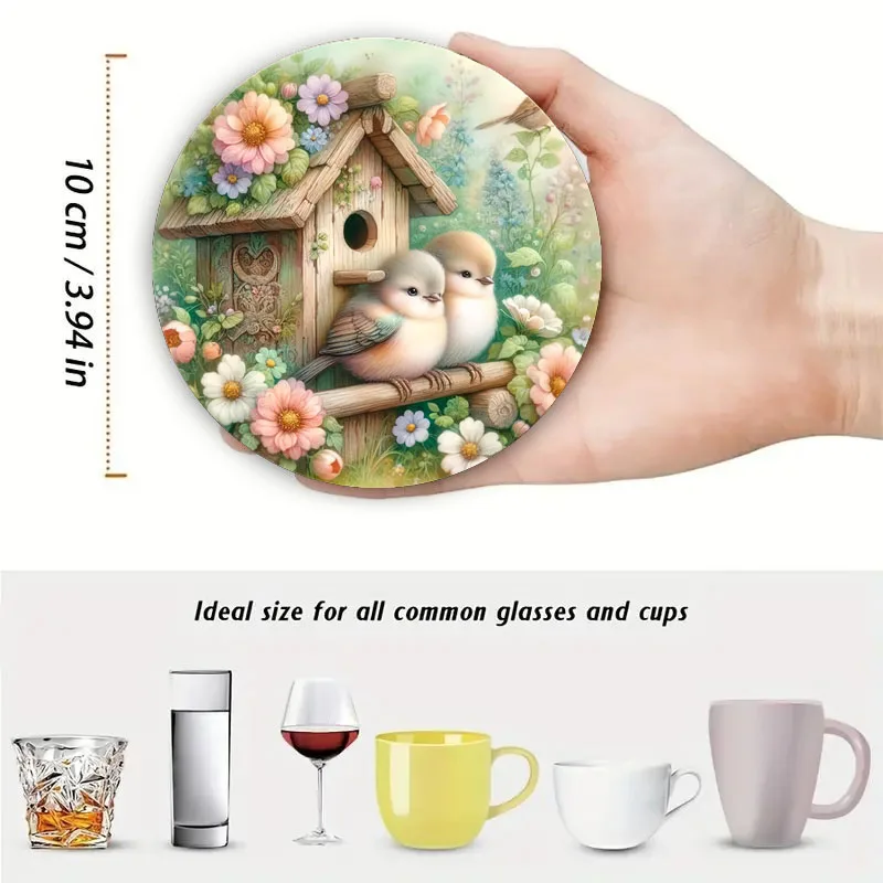 4 Bird-Printed Coasters, Suitable for Daily Family Gathering Decoration, Offices, Anti-Slip Wooden Coasters, and Festival Gifts