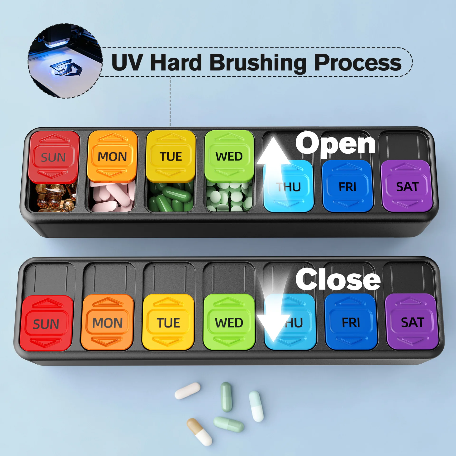 

Дозатор для ежедневных лекарств, раздвижной дизайн, еженедельный органайзер для таблеток, портативный дорожный футляр для таблеток, коробка для витаминов, 7-дневный контейнер для лекарств