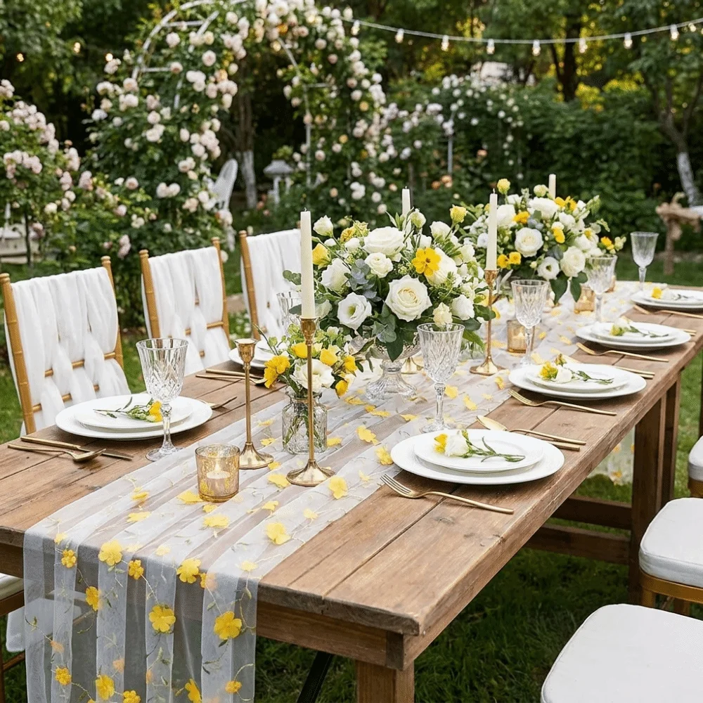 Elegant Romantic Tulle Table Runner 3D Embroidery Semi-Transparent Gauze Table Flag Vintage Wedding Desktop Decoration Wedding
