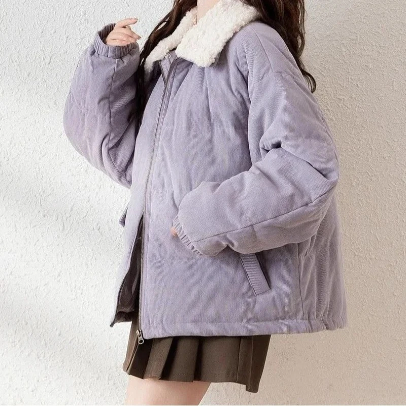 Pink Lamb Wool Lapel Cotton Clothes Women's Winter 2025 New Retro Short Cotton Clothes Jacket