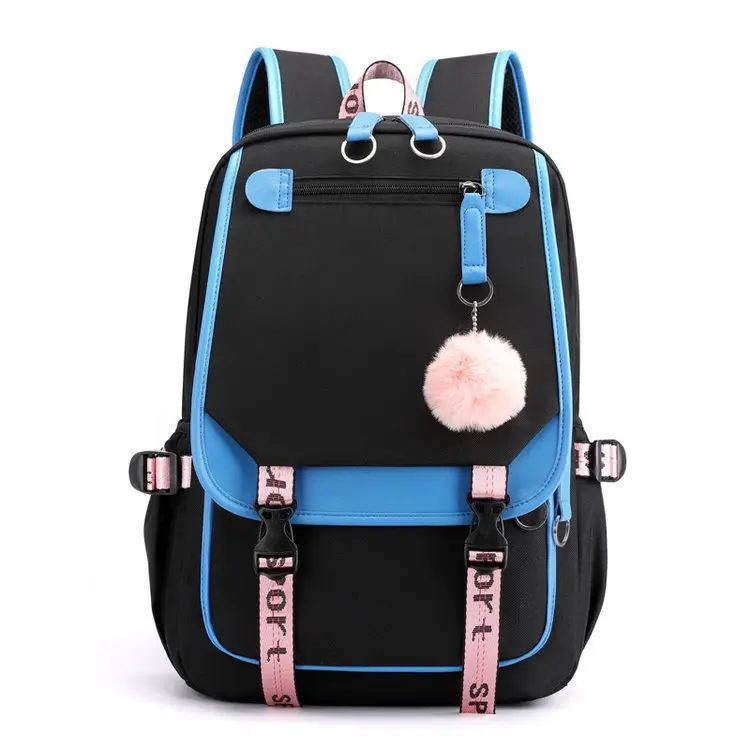 Student backpack, large capacity, color-block design,Backpack with USB port, children's backpack, unisex, versatile, lightweight