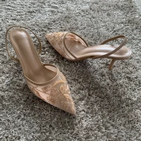 Mesh Embroidered Fashion Sandals Women String Bead High Heels Mules Shoes Pointed Toe Slingback Slippers Women Zapatos De Mujer - Image 2