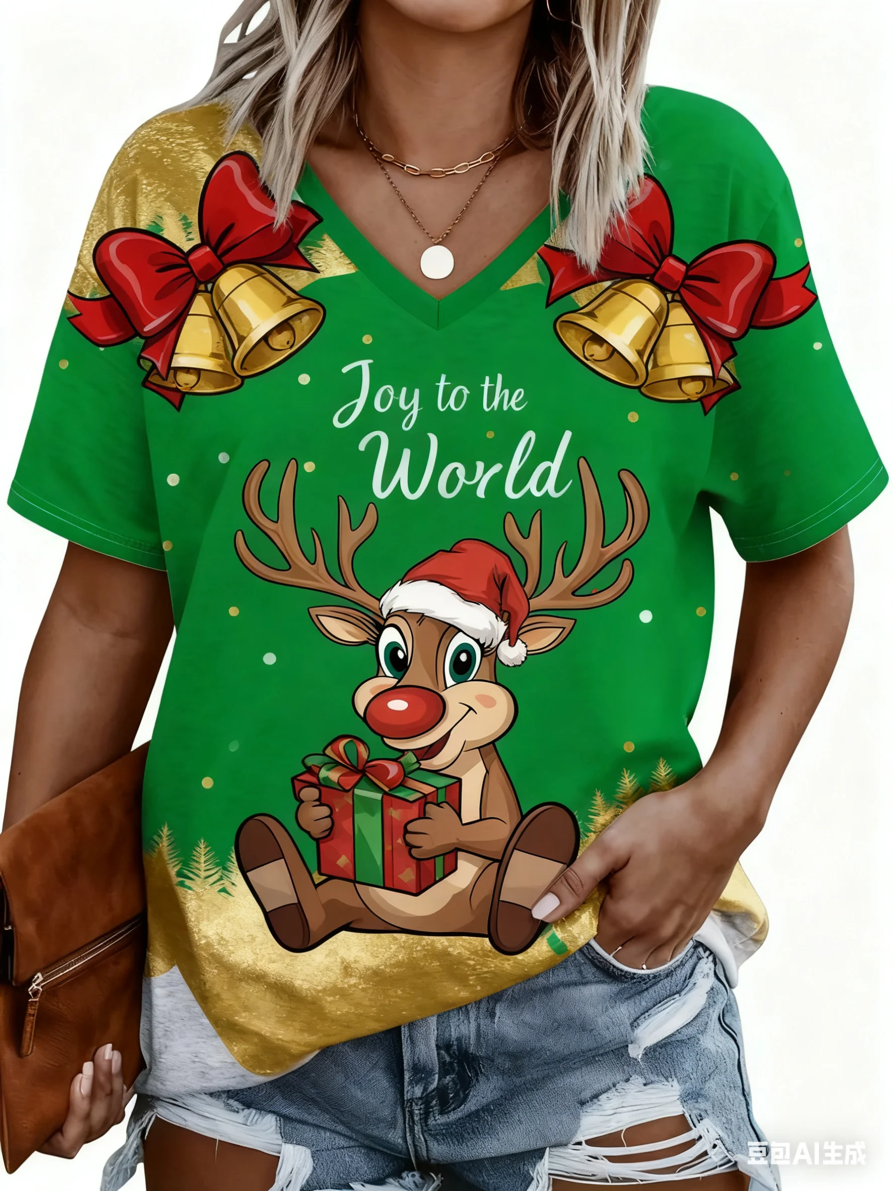 Camisetas con estampado de alces navideños de dibujos animados para mujer, camisetas informales de manga corta con cuello en V, camisetas de Navidad a la moda para mujer, camiseta holgada transpirable