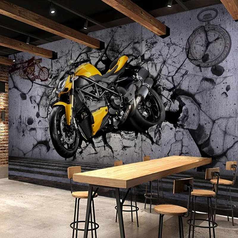 Custom Mural 3D Stereoscopic Yellow Motorcycle Broken Wall Decor Painting Living Room Restaurant Cafe Background Photo Wallpaper