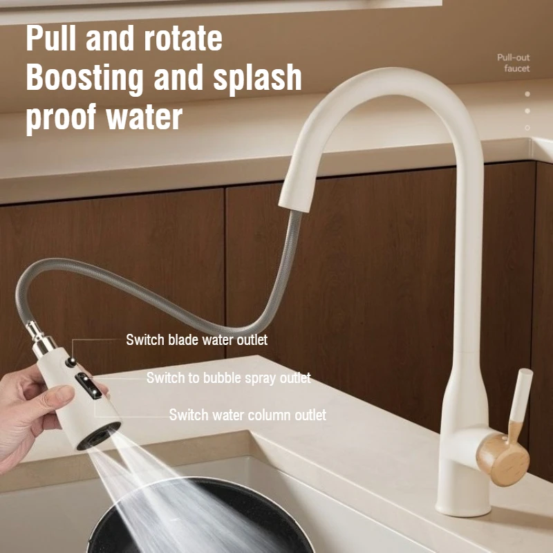 Wooden Cream Kitchen Faucet Wind Pulling for Hot and Cold Water Dish Sink Balcony Laundry Pool Splash Proof Home Use