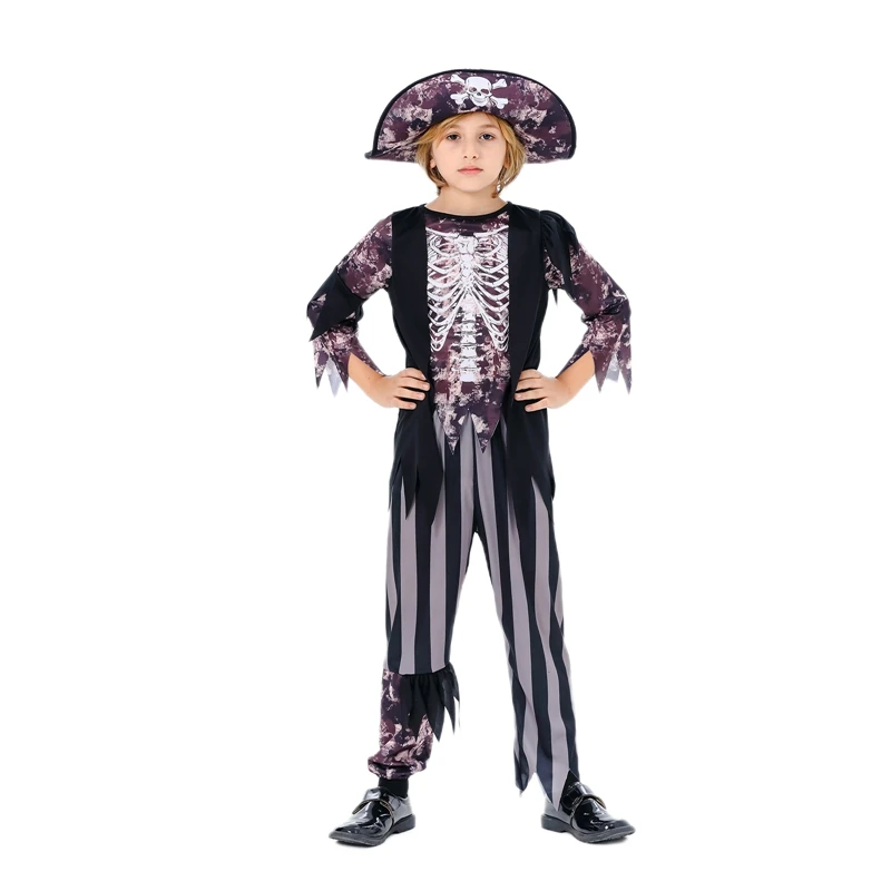 Kids Pirate Costume Boys Pirate Halloween Cosplay Costume Skeleton Print Long Sleeve Tops Stripe Pants Hat 3Pcs Set