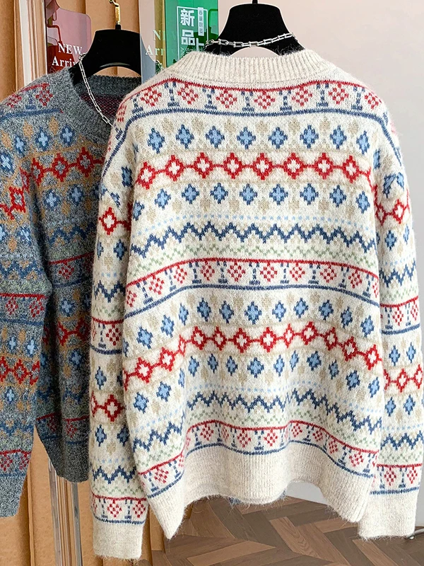 Authentic Knitted Sweater Fair Isle Pattern round Ne Overhead Color Blo Design Casual Loose Fit Long Sve Girls Top