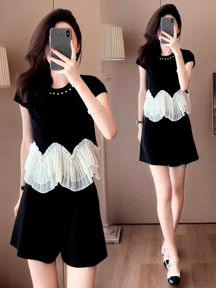 

Fashionable Sportswear Set Women's Summer 2025 New Small Size Short Sleeve Short Pants Patchwork Two-Piece Set Fragrance Style