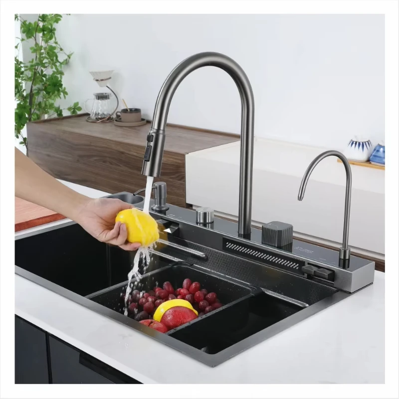 Smart single bowl kitchen sink stainless steel dark gray nano step temperature display piano key waterfall design