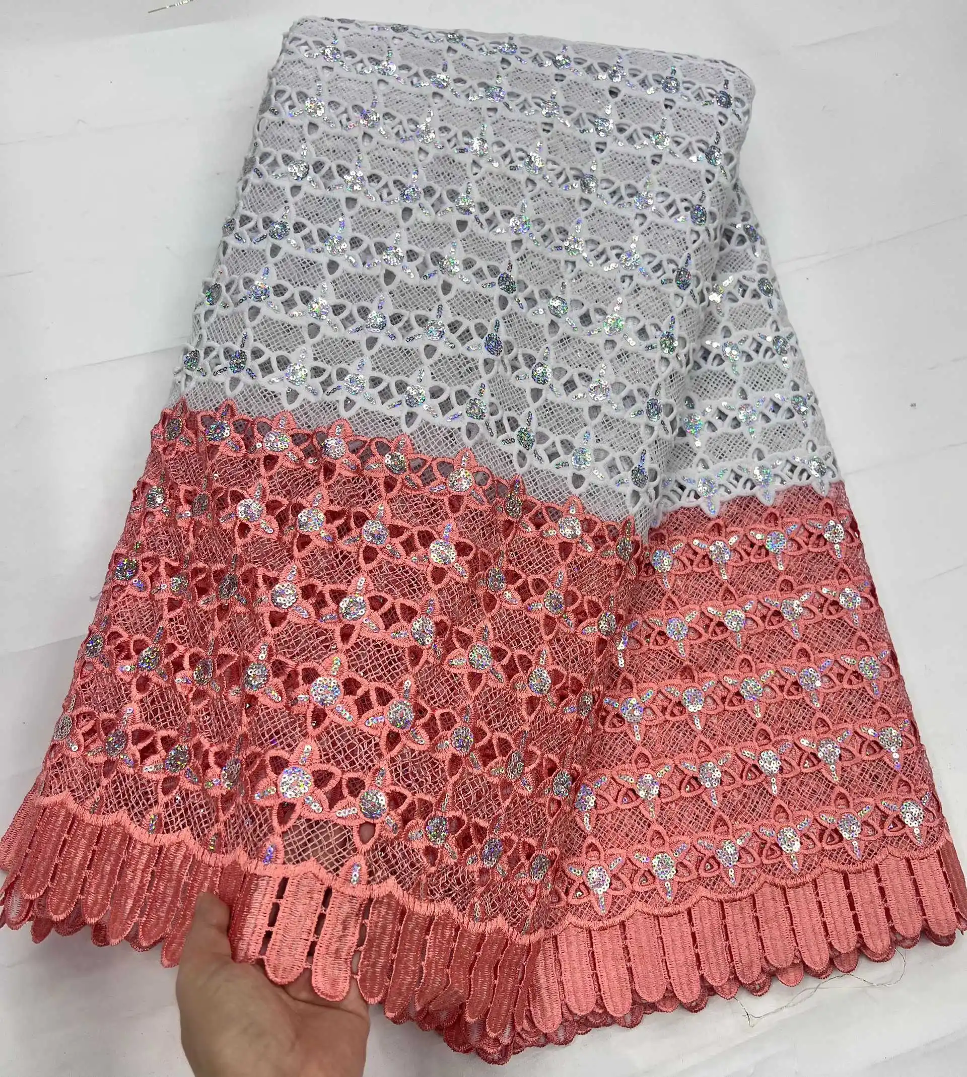 

Nigerian two-tone Water Soluble French Lace Fabric With Sequins 2026 High Quality Mesh Embroidery Cord Fabric For Party Dress