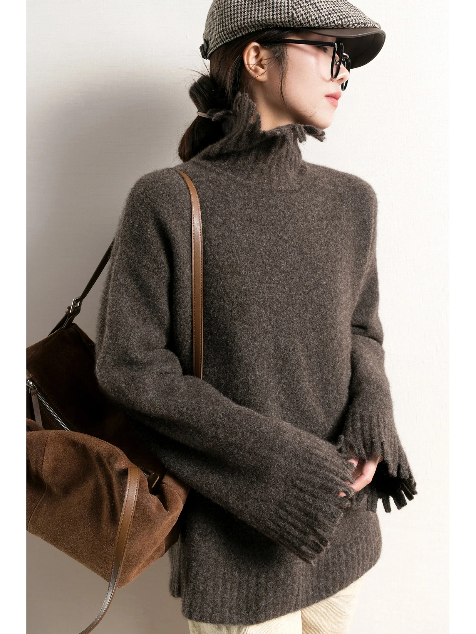 

TidePA Demure High Collar Design Soft Tibetan Camere Brown Sweater Women's Mid-Length Knitted Warmth Faion Commute Sle