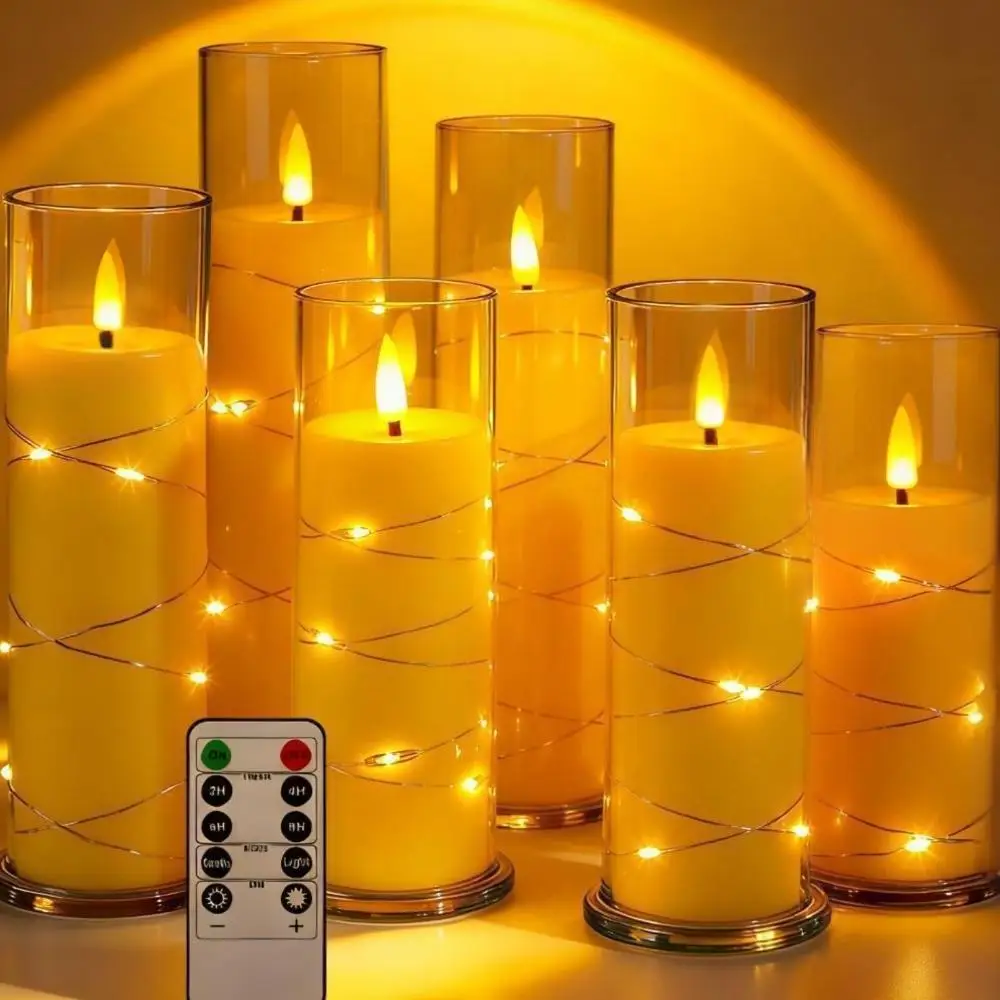 Мерцающие беспламенные светодиодные свечи, 5 шт., со встроенной звездной нитью, акриловая свеча на столбе с пультом дистанционного управления, подходит для домашнего прикраса