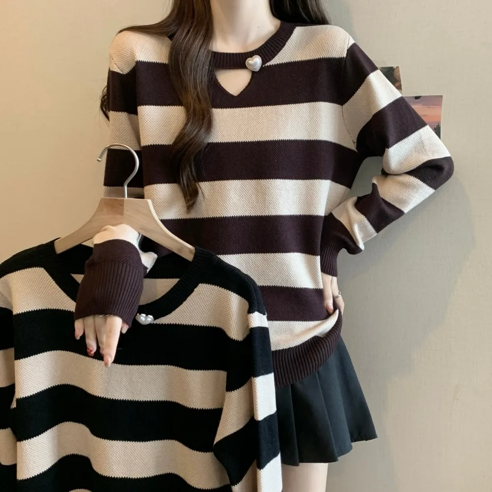 

Шикарный элегантный полосатый пуловер с длинными рукавами, вязаный базовый топ High Street, осенне-зимние футболки больших размеров