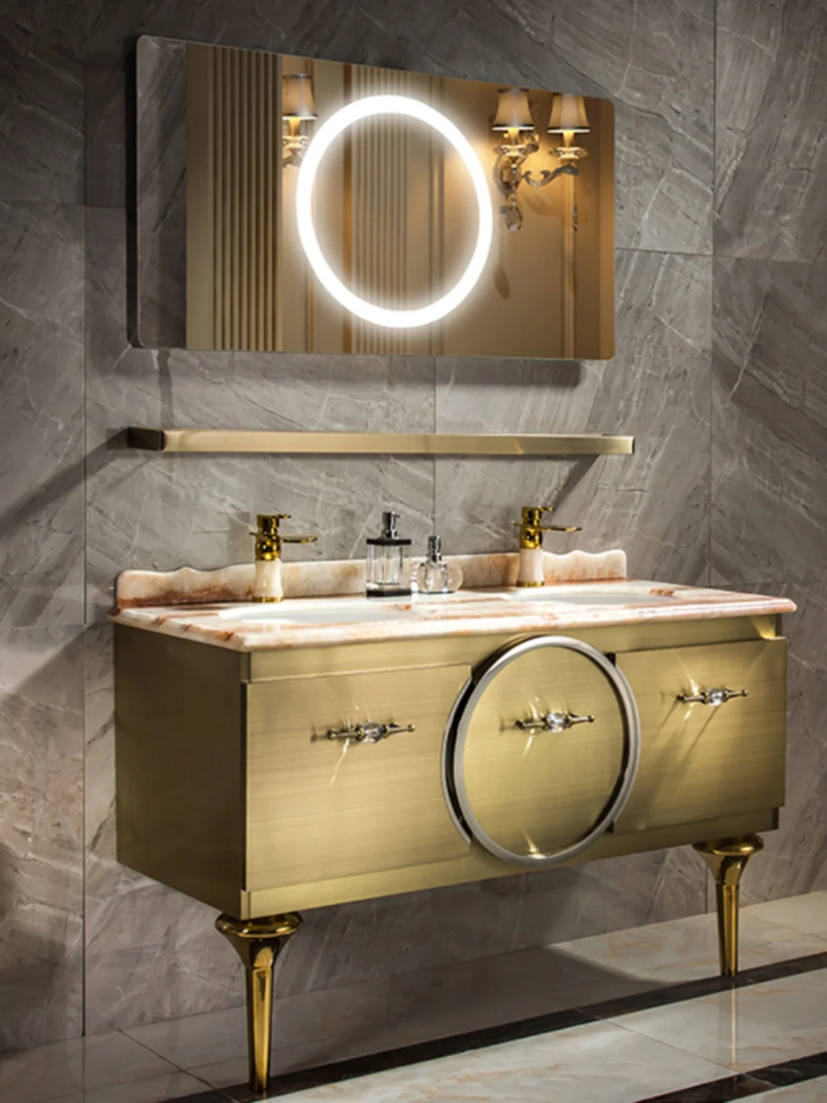 Armario de baño de acero inoxidable de lujo, luz personalizada, combinación personalizada, lavabo de baño, estilo silencioso, dorado Doble