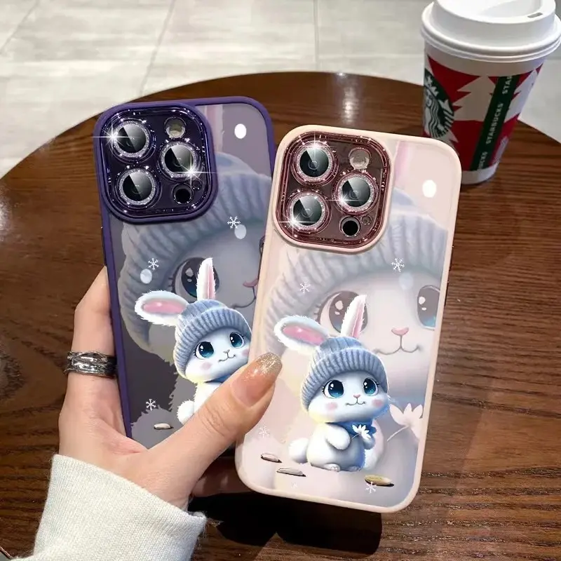 光沢のあるウサギの形をした電話ケース,女性用のシンプルな耐衝撃性バックカバー,ピンク,iPhone 13,14,15,pro max plus,ラグジュアリー