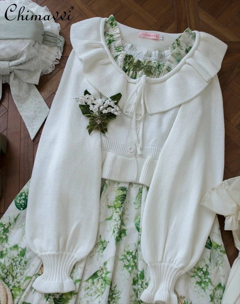 Lolita Short Sweater Autumn New Sweet Soft Girl Retro Long Sleeve Knitted Cardigan Outerwear Versatile Elegant Women's Top