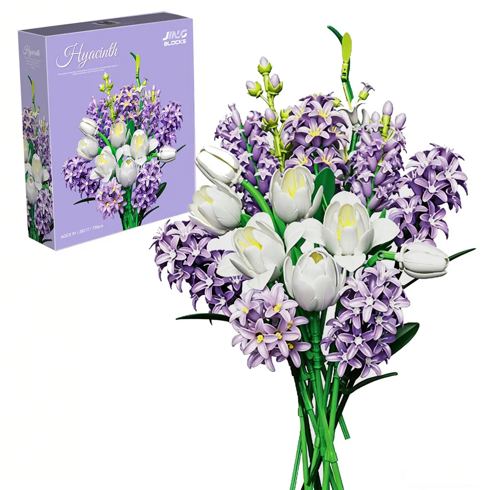 739 Peças de Blocos de Montar de Jacinto Roxo e Tulipa Branca, Buquê DIY Duradouro para Arranjo Floral, Decoração de Casa, Brinquedo e Presente para Meninas