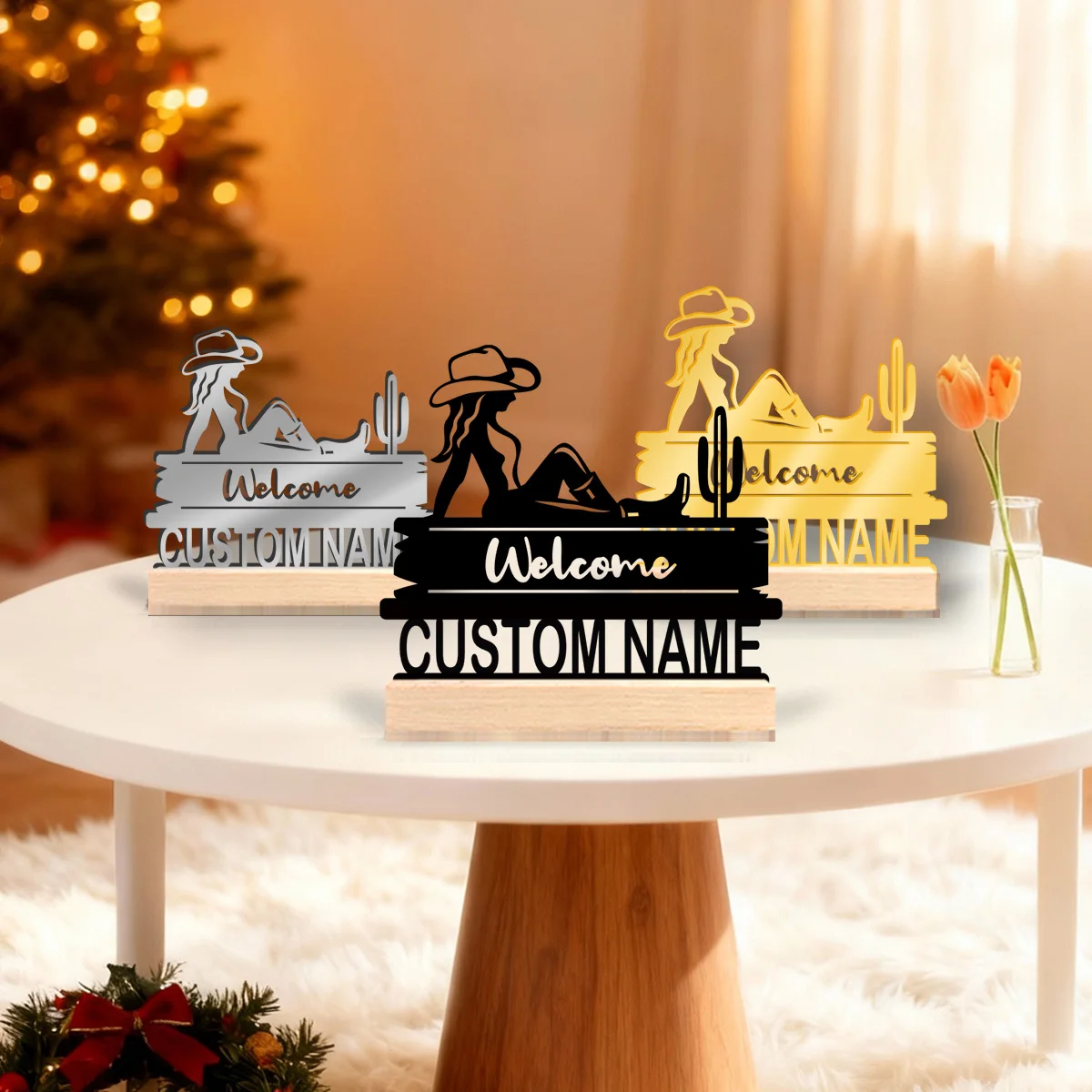 1pc Unique Personalized Metal Statue Ornaments Custom Content With Wooden Base Modern Rural Home Desktop Decorations