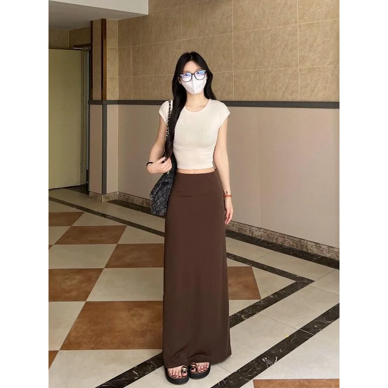 

Летняя повседневная шикарная коричневая юбка миди прямого кроя, стройнящая, скрывающая живот, с запахом, длиной до щиколотки, женская