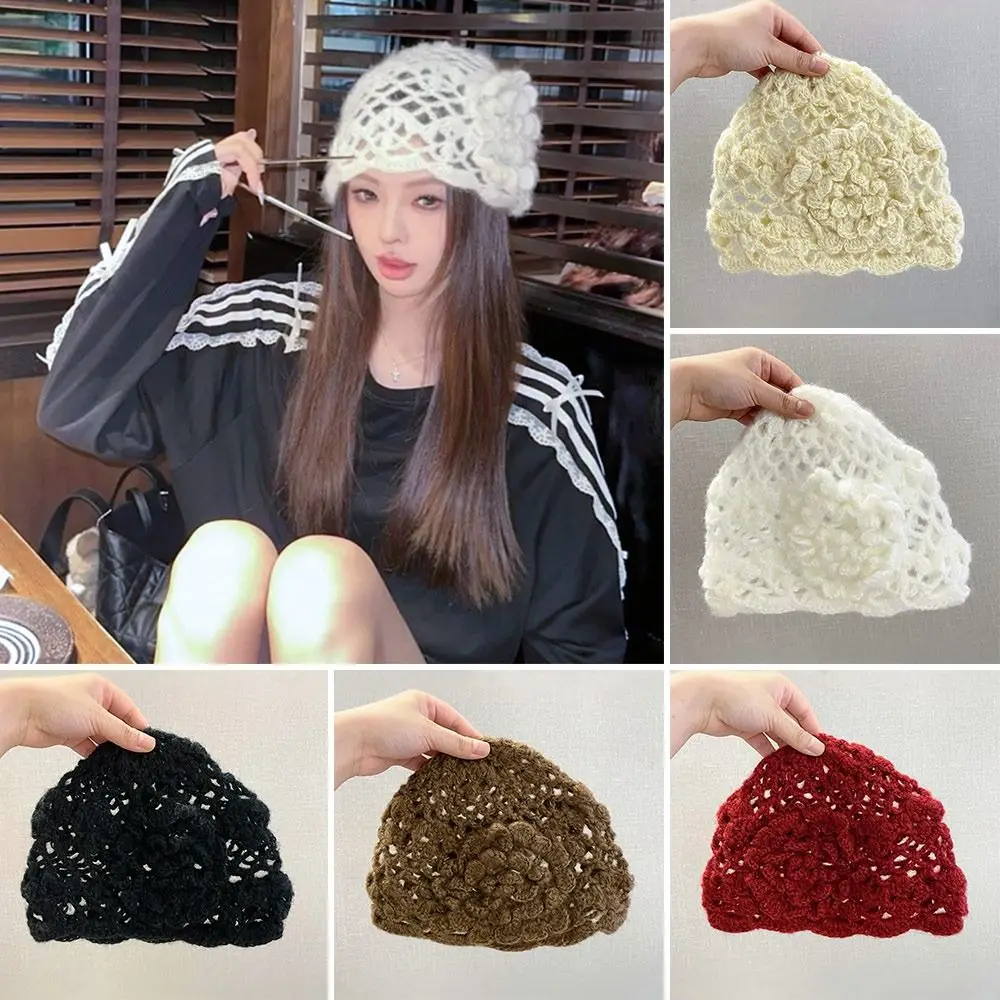 

Breathable Hollowed Out Baotou Hat Flowers Handmade Knitted Hat Summer Casual Skullies Hat for Women