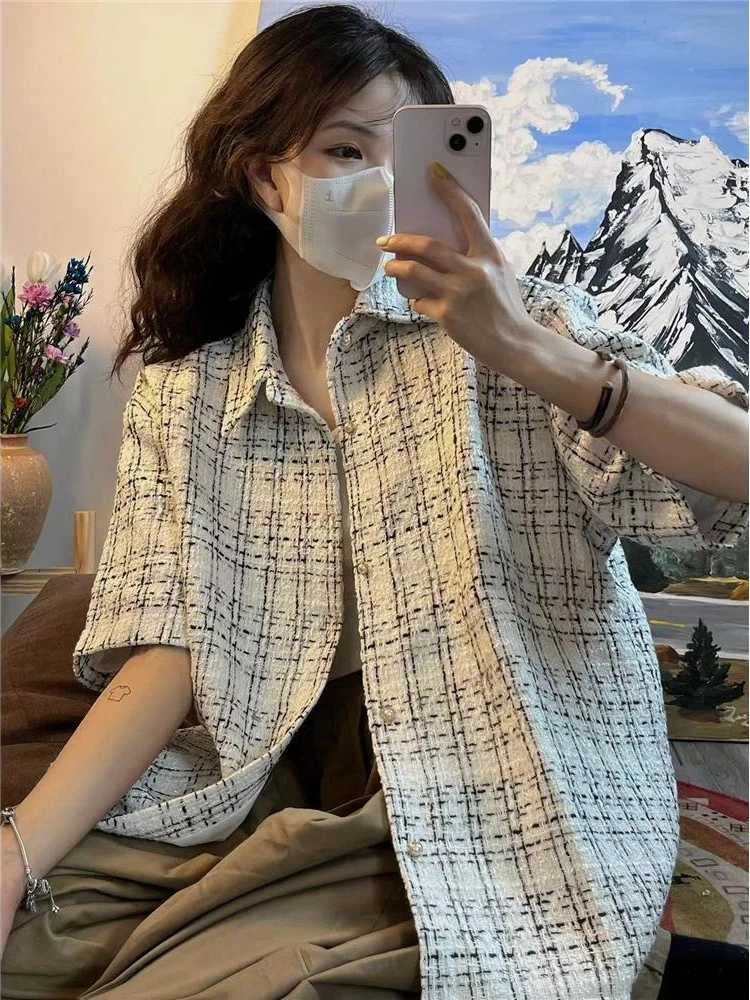 KOSAHIKI Korean Fashion Casual All Match Plaid Shirt Women Short Sleeve Loose Blouse 2024 Harajuku Streetwear Blusas Haut Femme