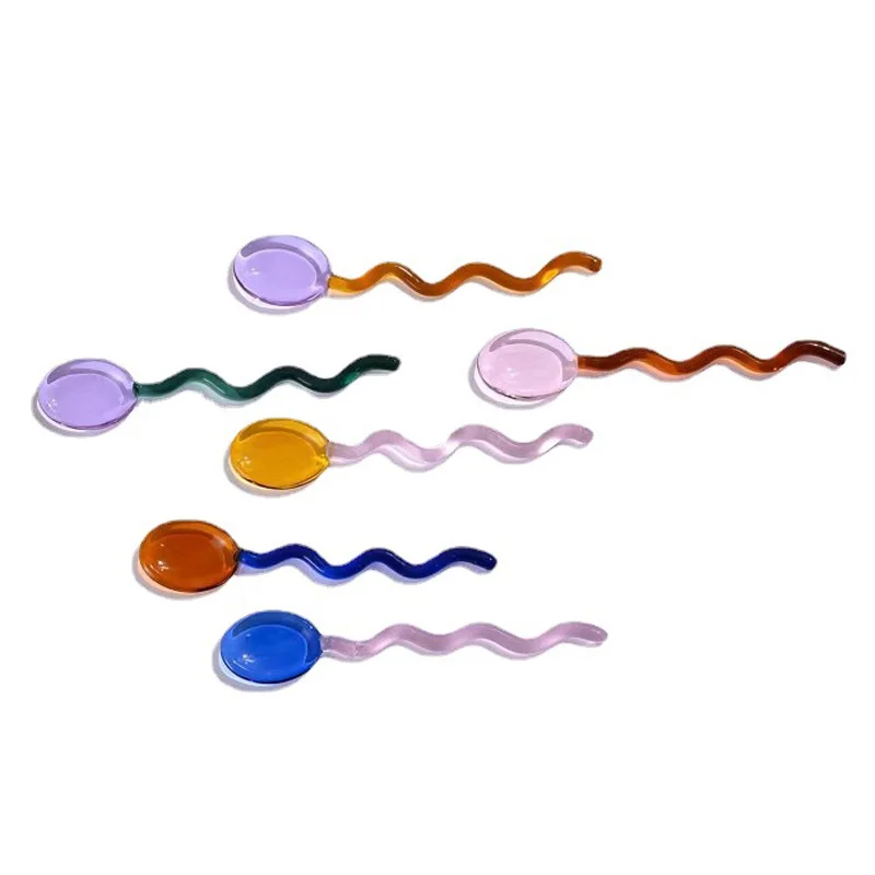 100Pcs Creative Glass Milk Spoons Colored Transparent Coffee Dessert Stirring Spoon Long Handle Round Kitchen Tableware Stirrer