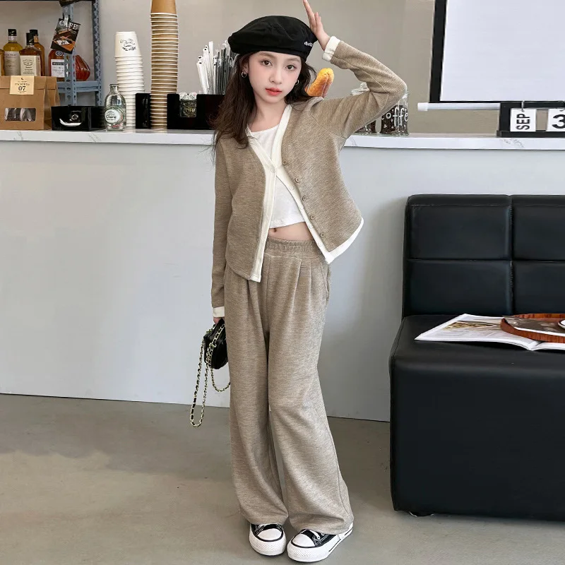 Baby Girl Clothes Suit Girls Autumn Suit Western Style Cardigan Coat 2024 New Style Casual Wide-leg Pants Children and Girls