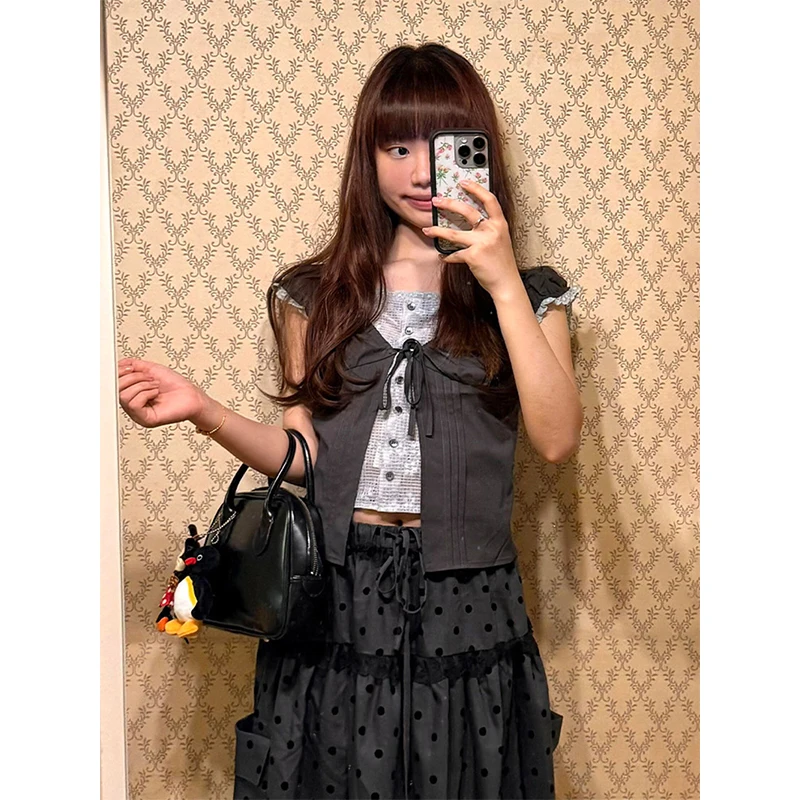 

Новинка: Женские укороченные рубашки MEXZT в стиле Y2K Harajuku, пэчворк, на шнуровке, летние корейские блузки в стиле гранж, с пышными короткими рукавами, облегающие топы